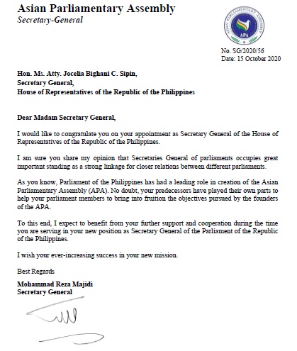 APA Secretary General congratulates the new Secretary General of the House of Representatives of the Republic of the Philippines